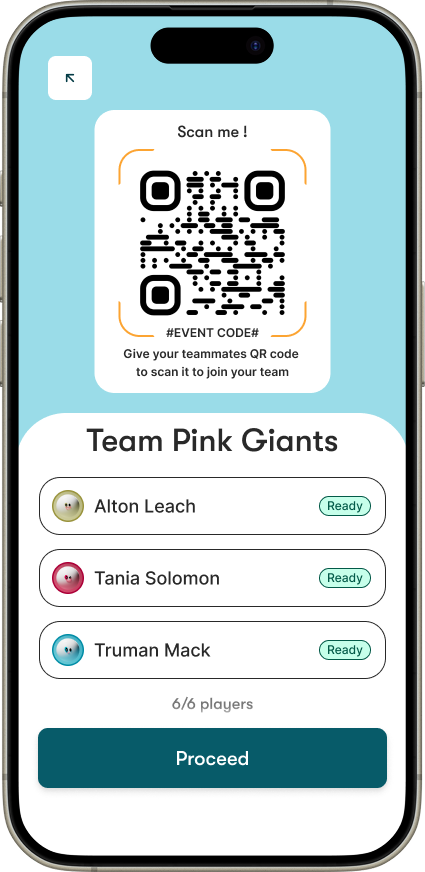 Team join screen with QR code and teammates