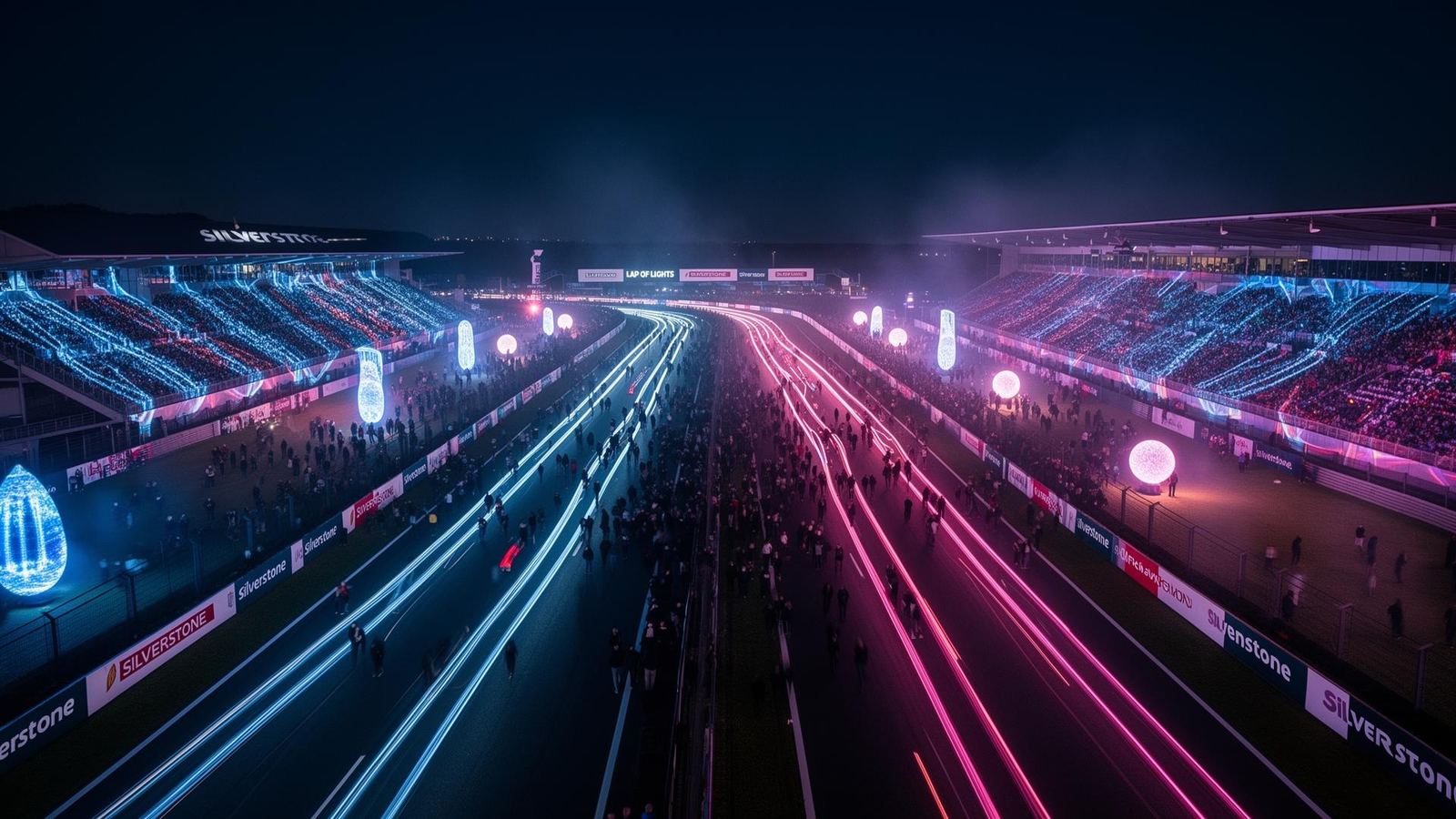 Silverstone Lap of Lights at night, long-exposure light trails sweeping across the circuit, illuminated grandstands and crowds along the track.
