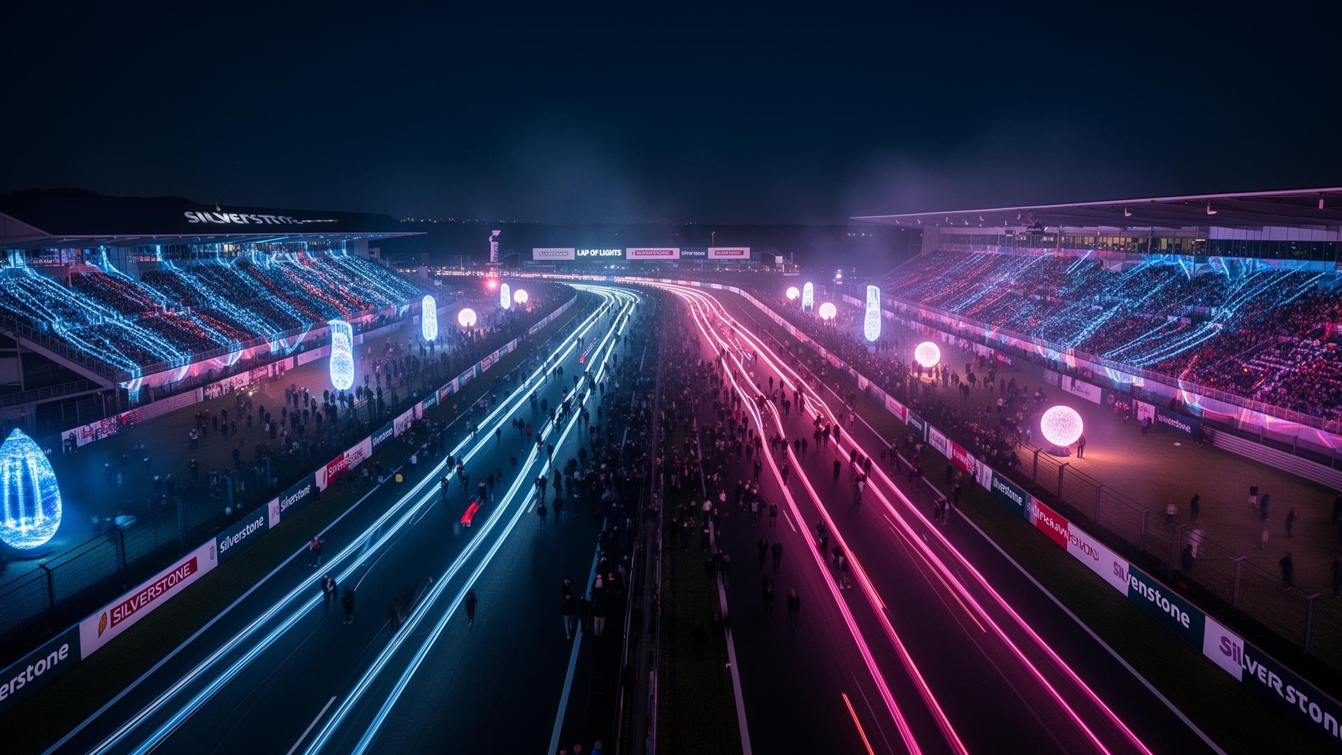 Silverstone Lap of Lights at night, long-exposure light trails sweeping across the circuit, illuminated grandstands and crowds along the track.